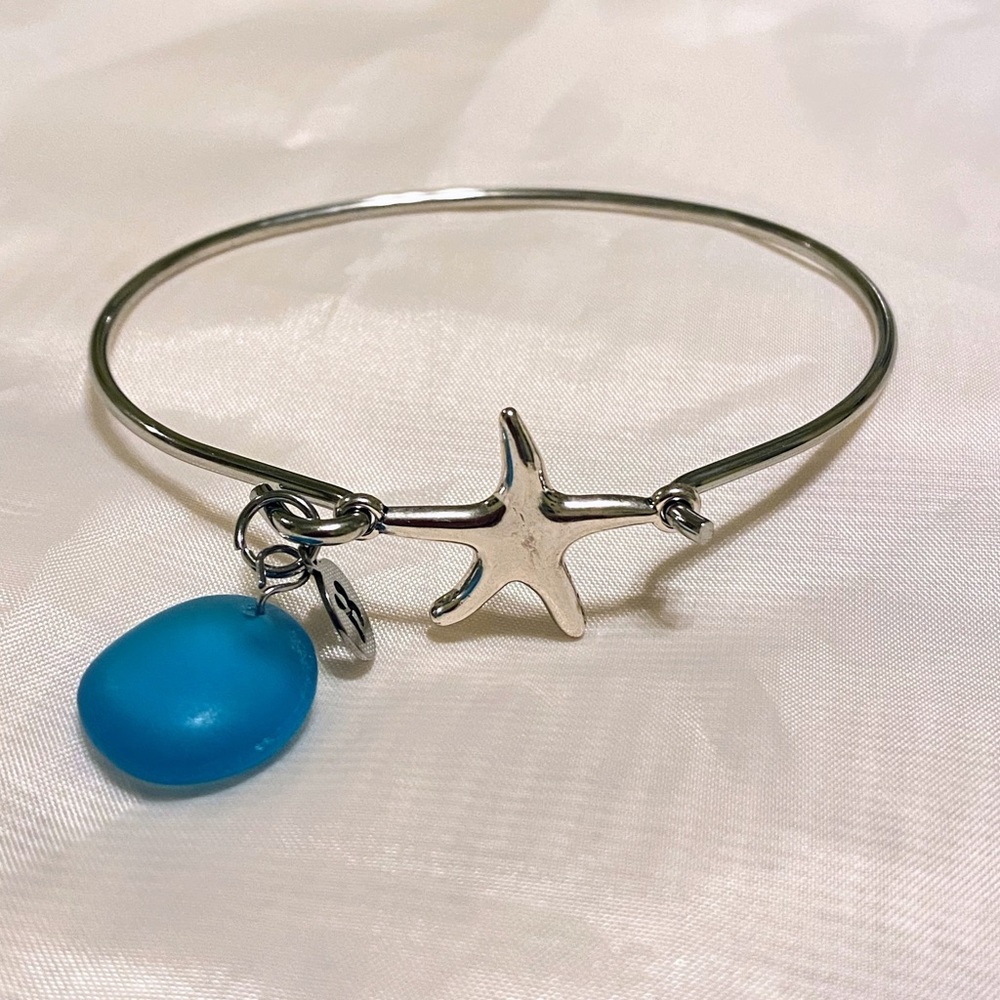 Starfish Blue Sea Glass Bangle Bracelet